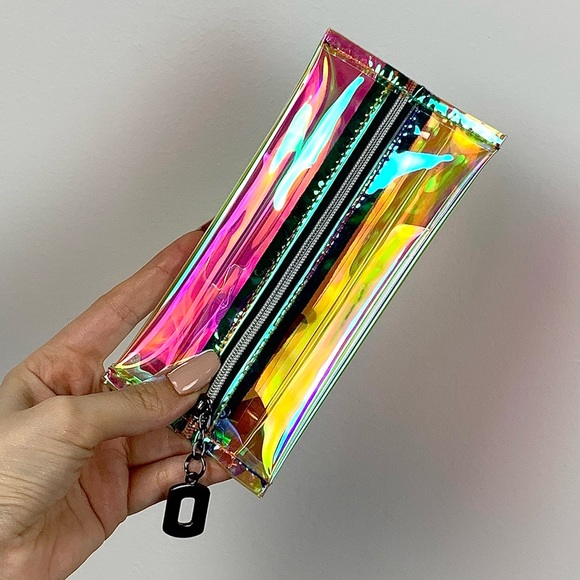 Womens NEW Pink/Orange/Blue Holographic Mini Cosmetic Bag/Coin Purse Clutch NWT - Picture 4 of 10